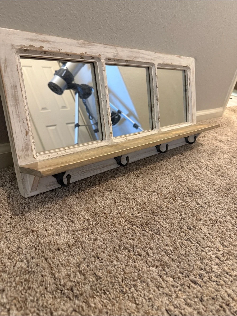 Distressed White Wood Wall Mirror Shelf with Black Hooks - White